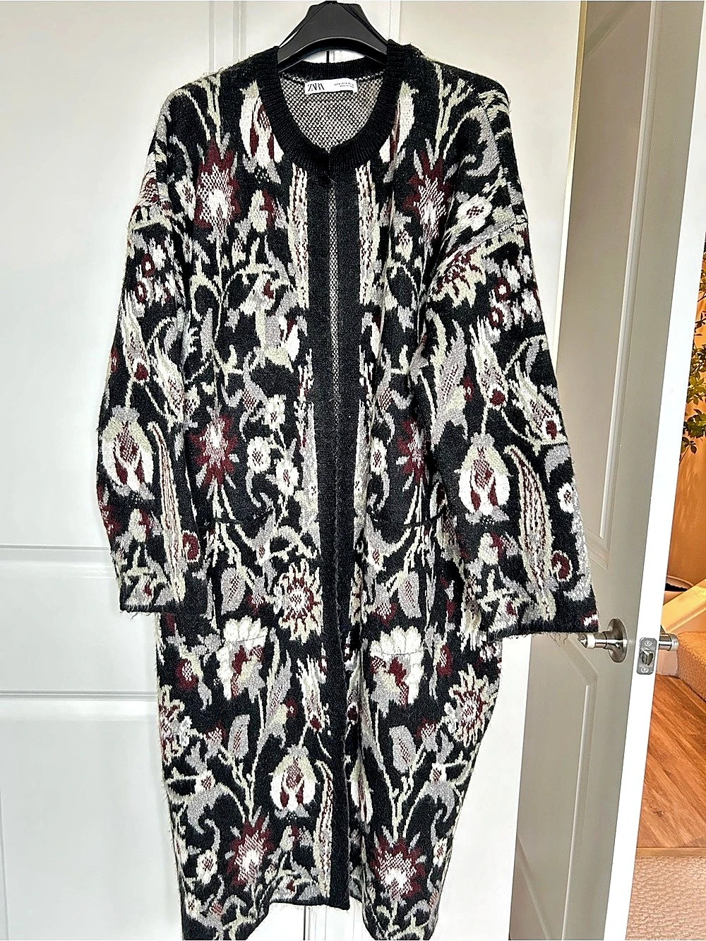 Zara Dark Floral Open Front Longline Jacquard Cardigan